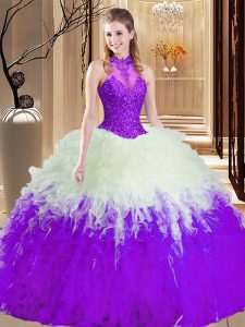 Ideal White And Purple Sleeveless Tulle Lace Up Quinceanera Dresses for Military Ball and Sweet 16 and Quinceanera