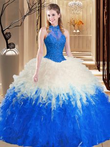 Elegant Backless High-neck Sleeveless Party Dress for Girls Floor Length Lace and Appliques and Ruffles Blue And White Tulle