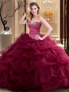 Burgundy Sleeveless Tulle Lace Up Quinceanera Gowns for Military Ball and Sweet 16 and Quinceanera