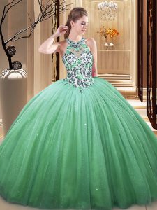 Floor Length Green Quinceanera Gown Tulle Sleeveless Lace and Appliques