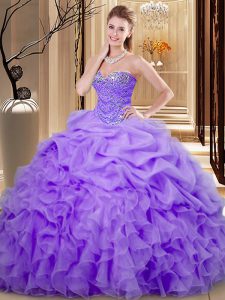 Floor Length Lace Up 15th Birthday Dress Lavender for Military Ball and Sweet 16 and Quinceanera with Beading and Ruffles and Pick Ups