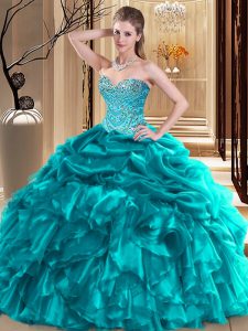 Teal Ball Gowns Organza Sweetheart Sleeveless Beading and Pick Ups Floor Length Lace Up 15th Birthday Dress