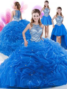 Four Piece Royal Blue Ball Gowns Organza High-neck Sleeveless Beading and Pick Ups Floor Length Zipper Vestidos de Quinceanera