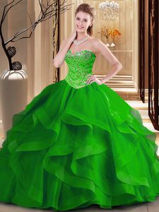 Smart Sleeveless Tulle Floor Length Lace Up Sweet 16 Dress in Green with Beading and Ruffles