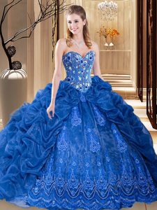 Pick Ups Court Train Ball Gowns Sweet 16 Dresses Royal Blue Sweetheart Organza Sleeveless Lace Up