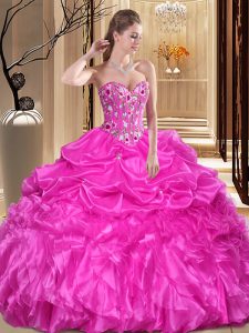 Hot Sale Sweetheart Sleeveless Lace Up Ball Gown Prom Dress Fuchsia Organza