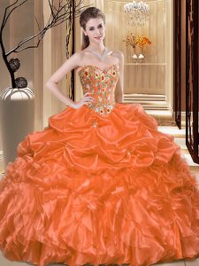 Top Selling Organza Sweetheart Sleeveless Lace Up Embroidery and Ruffles Quinceanera Dress in Orange