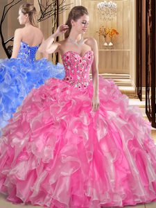 Embroidery and Ruffles Sweet 16 Dresses Rose Pink Lace Up Sleeveless Floor Length
