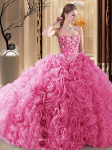 Floor Length Lace Up Sweet 16 Quinceanera Dress Rose Pink for Prom and Military Ball and Sweet 16 and Quinceanera with Embroidery and Ruffles and Pick Ups