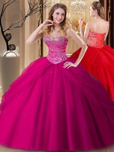 Fuchsia Sweetheart Neckline Beading Sweet 16 Dresses Sleeveless Lace Up