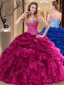 Adorable Fuchsia Ball Gowns Beading and Pick Ups Vestidos de Quinceanera Lace Up Organza Sleeveless Floor Length