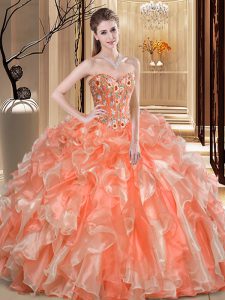 Wonderful Orange Sweetheart Lace Up Beading and Ruffles Quince Ball Gowns Sleeveless