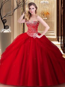 Ball Gowns Quinceanera Dresses Red Sweetheart Tulle Sleeveless Floor Length Lace Up