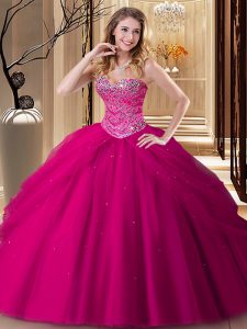Edgy Fuchsia Lace Up Sweetheart Beading Quinceanera Dresses Tulle Sleeveless