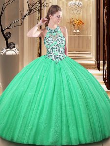 Fashionable Floor Length Green Sweet 16 Dresses Tulle Sleeveless Lace and Appliques