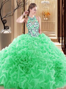 Fashionable Sleeveless Brush Train Embroidery and Ruffles Backless 15 Quinceanera Dress