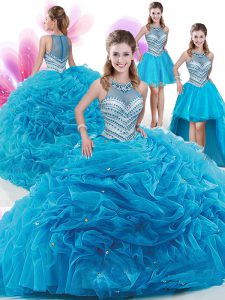 Decent Four Piece Organza Sleeveless With Train Quinceanera Dresses Court Train and Ruffles and Pick Ups