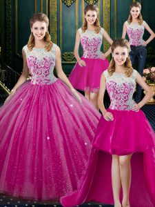 Four Piece Fuchsia Quinceanera Dress Military Ball and Sweet 16 and Quinceanera and For with Lace High-neck Sleeveless Zipper