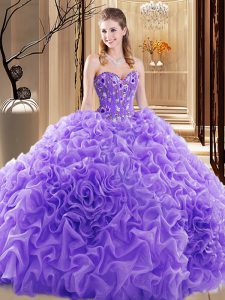 Best Selling Lavender Ball Gowns Embroidery and Ruffles and Pick Ups Quince Ball Gowns Lace Up Fabric With Rolling Flowers Sleeveless