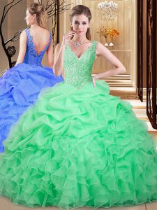 Discount Apple Green Sleeveless Floor Length Lace and Appliques and Pick Ups Backless Sweet 16 Quinceanera Dress