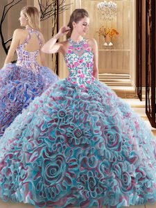 Fabric With Rolling Flowers High-neck Sleeveless Sweep Train Criss Cross Ruffles and Pattern Sweet 16 Dress in Multi-color
