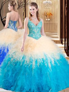 Top Selling Multi-color Lace Up V-neck Lace and Ruffles Quince Ball Gowns Tulle Sleeveless
