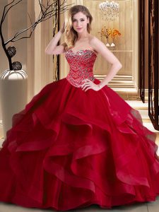 Eye-catching Floor Length Wine Red Party Dress Tulle Sleeveless Beading and Ruffles