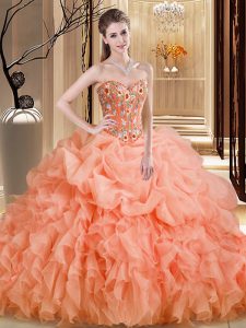 On Sale Sweetheart Sleeveless Organza Ball Gown Prom Dress Beading and Embroidery and Ruffles Brush Train Lace Up