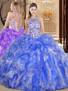 Scoop Backless Organza Sleeveless Floor Length Quinceanera Dress and Embroidery and Ruffles