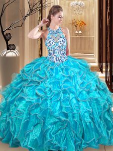 Backless Scoop Sleeveless Quinceanera Gown Floor Length Embroidery and Ruffles Teal Organza