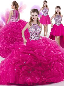 Sophisticated Four Piece Hot Pink High-neck Zipper Beading and Pick Ups 15th Birthday Dress Sleeveless