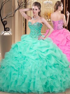 Adorable Sleeveless Floor Length Beading and Ruffles and Pick Ups Lace Up Quinceanera Dresses with Apple Green
