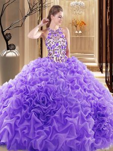 Custom Design Lavender Ball Gowns Organza High-neck Sleeveless Embroidery and Ruffles Backless Sweet 16 Dress Brush Train