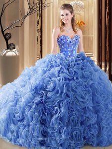 Blue Lace Up Sweetheart Embroidery and Ruffles Sweet 16 Quinceanera Dress Organza and Fabric With Rolling Flowers Sleeveless Court Train