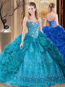 Dramatic Teal Lace Up Sweetheart Embroidery and Pick Ups Quinceanera Gowns Organza Sleeveless