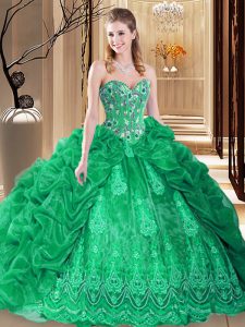 Green Organza Lace Up Sweetheart Sleeveless Quince Ball Gowns Court Train Embroidery and Pick Ups