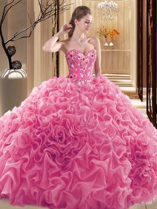 Floor Length Rose Pink Sweet 16 Dresses Fabric With Rolling Flowers Sleeveless Embroidery and Ruffles and Pick Ups
