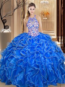 Organza Scoop Sleeveless Backless Embroidery and Ruffles Sweet 16 Dress in Royal Blue