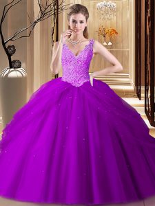 Super Purple Ball Gowns Appliques and Pick Ups Sweet 16 Quinceanera Dress Backless Tulle Sleeveless Floor Length