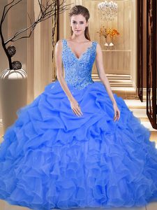 Sophisticated Blue Backless Quinceanera Dress Lace and Appliques and Ruffles and Pick Ups Sleeveless Floor Length