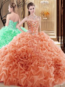 Orange Ball Gowns Sweetheart Sleeveless Fabric With Rolling Flowers Floor Length Lace Up Embroidery and Ruffles and Pick Ups Quinceanera Gowns