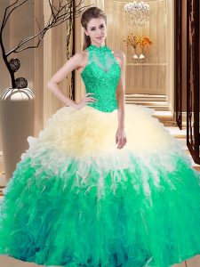 High Class Multi-color Backless High-neck Lace and Appliques and Ruffles Quinceanera Gowns Organza Sleeveless