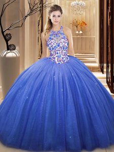 Gorgeous Floor Length Blue 15 Quinceanera Dress Tulle Sleeveless Lace and Appliques