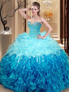 Pretty Sleeveless Organza Asymmetrical Lace Up Sweet 16 Dresses in Multi-color with Beading and Ruffles