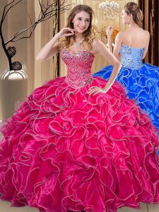 Hot Pink Lace Up Sweetheart Beading and Ruffles 15th Birthday Dress Organza Sleeveless