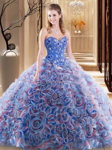 Flare Multi-color Lace Up Sweet 16 Quinceanera Dress Embroidery and Ruffles Sleeveless With Brush Train