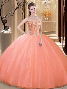 Affordable Peach Sweetheart Neckline Embroidery Quinceanera Gowns Sleeveless Lace Up