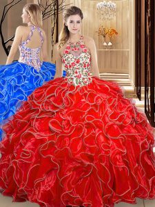 Organza Scoop Sleeveless Backless Embroidery and Ruffles Quinceanera Gown in Coral Red
