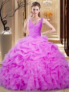 Popular Lace and Ruffles and Pick Ups Quinceanera Gown Lilac Backless Sleeveless Floor Length
