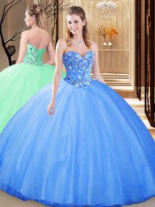 Glittering Blue Ball Gowns Sweetheart Sleeveless Tulle Floor Length Lace Up Embroidery 15 Quinceanera Dress